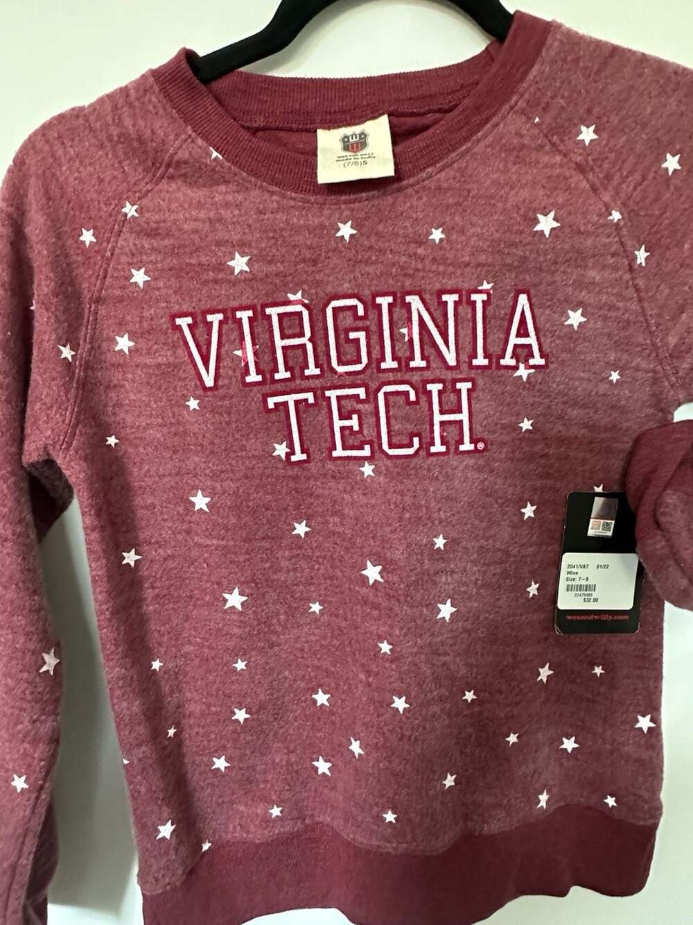 Wes and Willy Virginia Tech Hokies Girls Star Print Crewneck Sweatshirt Wine Siz